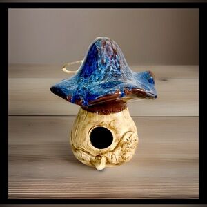 NWT Magical Blue Mushroom Ceramic Hanging Birdhouse 7” Tall